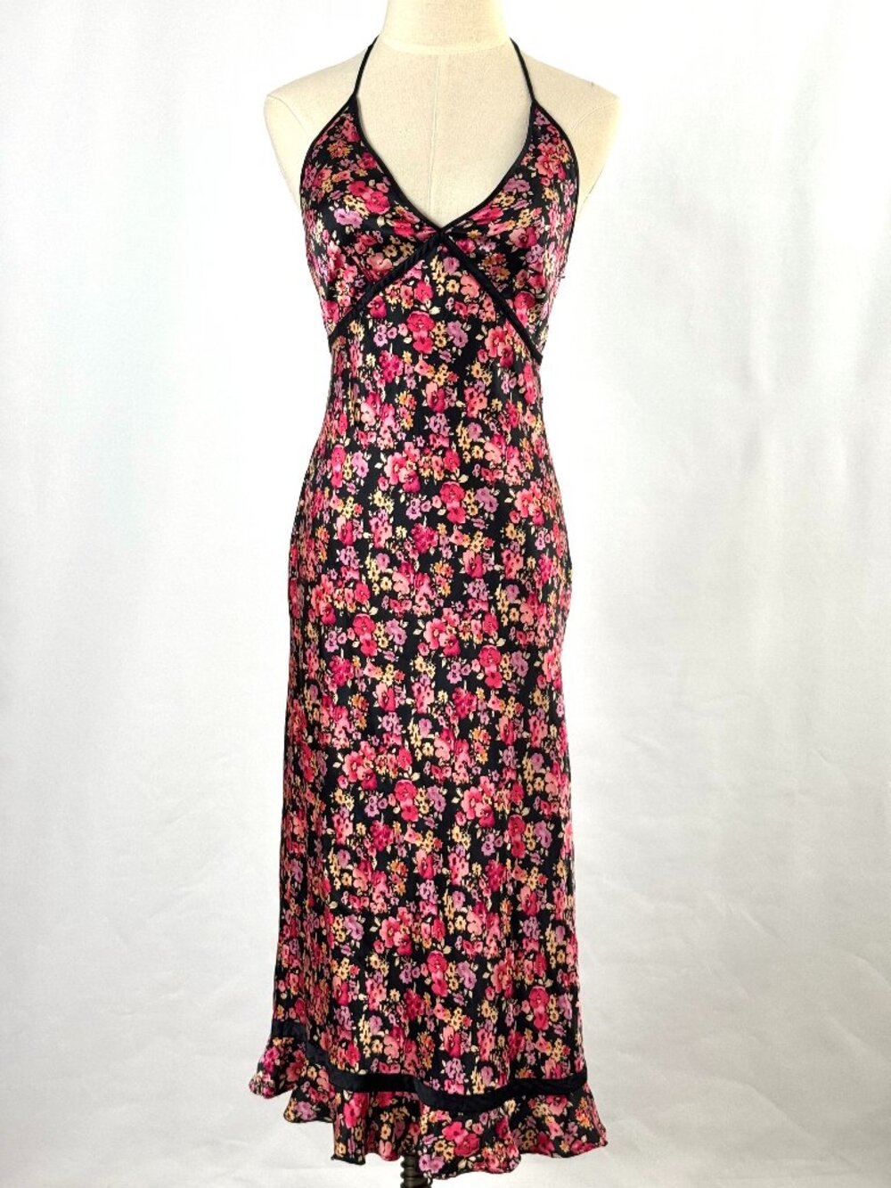 Vtg Y2K Express 100% Silk Satin Floral Halter Slip Dress Fairy Coquette Romantic
